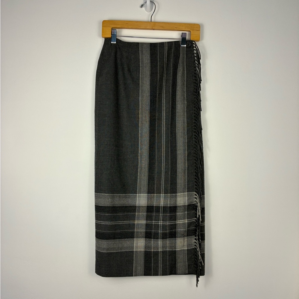 Wool wrap pencil Skirt fringe plaid grey academia made in USA Talbots size 2